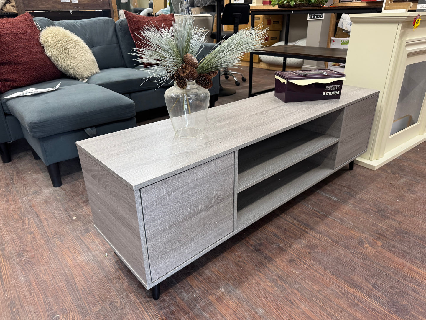 Tv stand console with doors , grey wash comes fully assembled