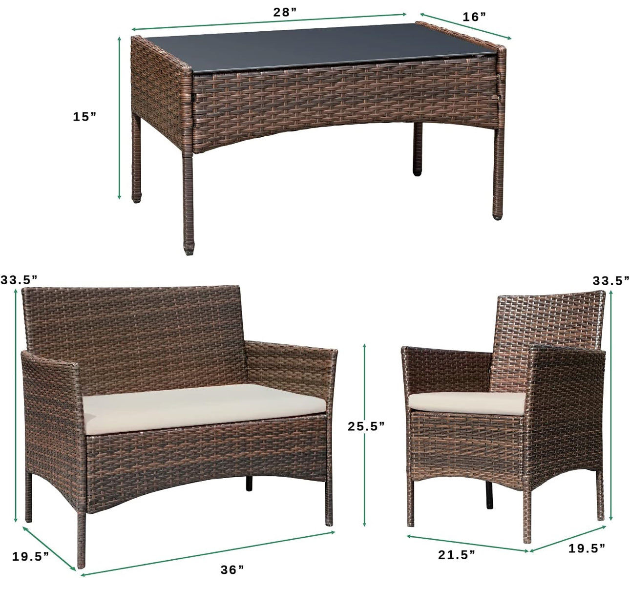 4 pc Rattan patio set bench table and 2 chairs Free shipping in the US