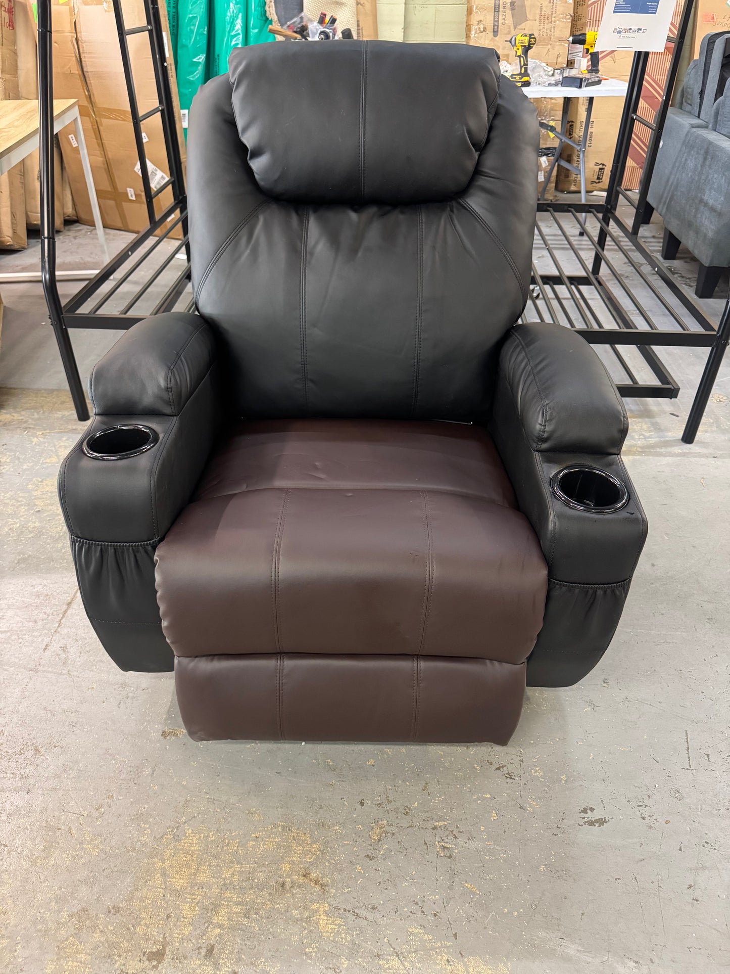 2 tone brown black chair with cup holders . Massager