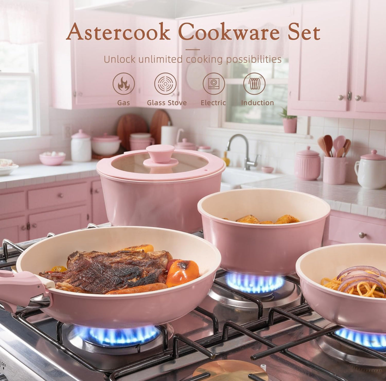 21 pc cookware set pink and white free shipping in the US