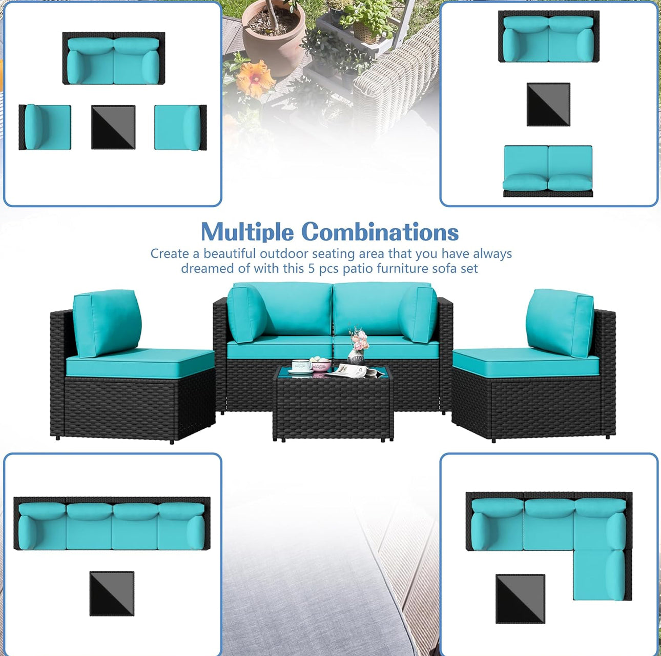 Patio Set 6 pc with teal cushions free shipping in the US