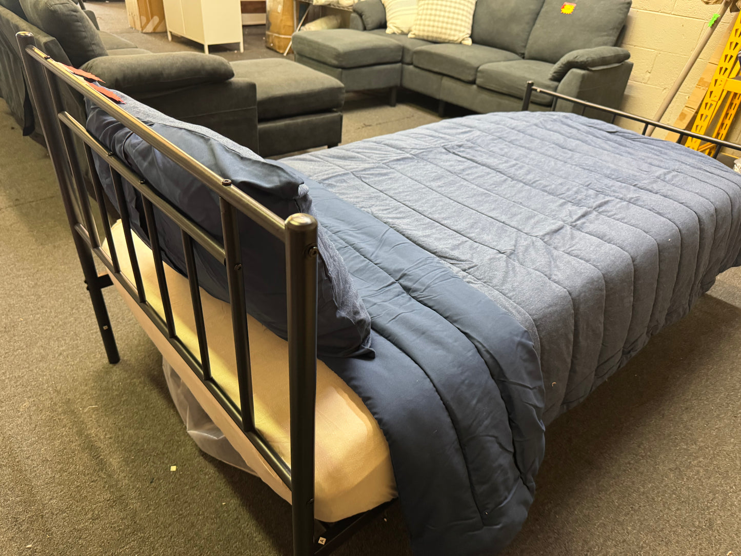 Twin bed frame with new mattress sheets blanket pillow set