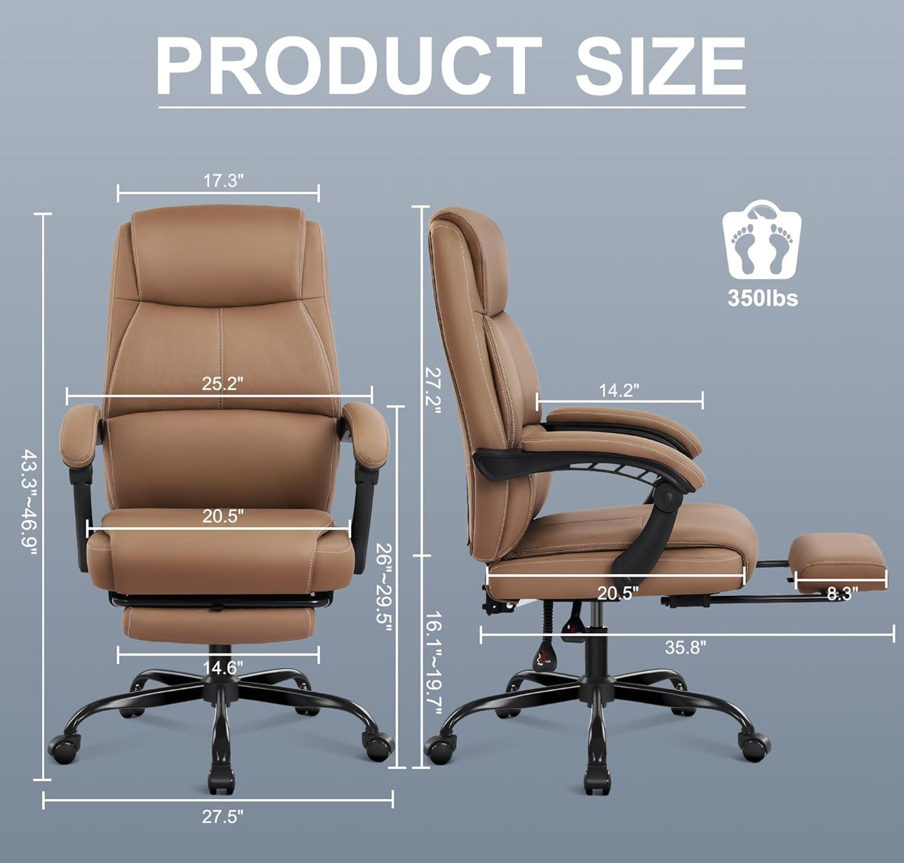 Executive brown desk chair, new inbox, ready to ship with leg extension. Free shipping in the US