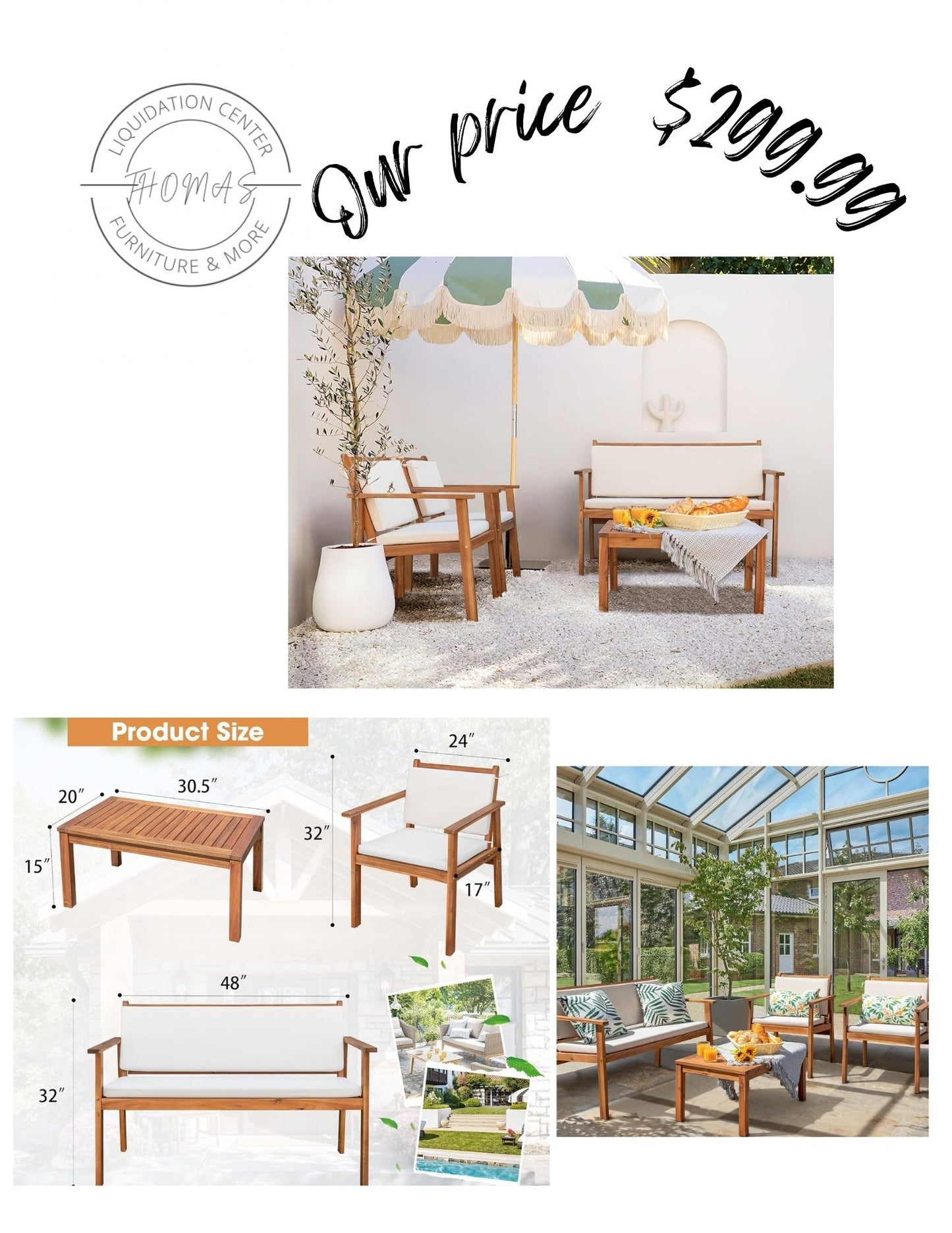 4 pc patio set new in box wood ready to ship. (Free shipping in the US)
