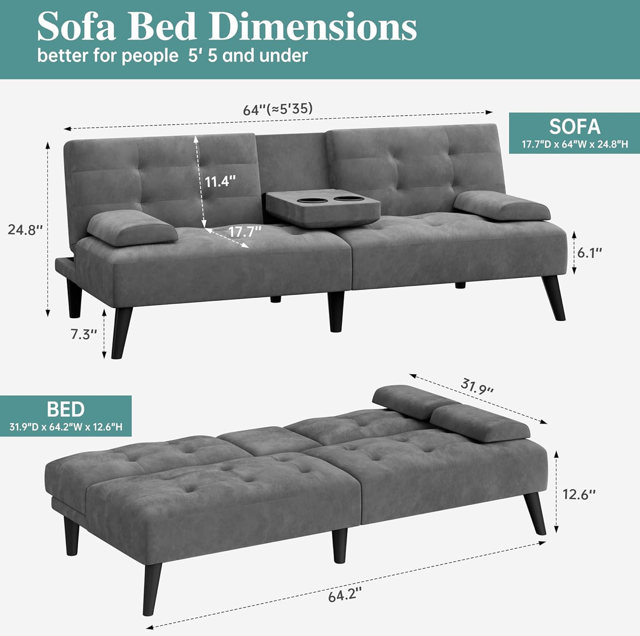 Small futon sofa grey velvet comes fully assembled