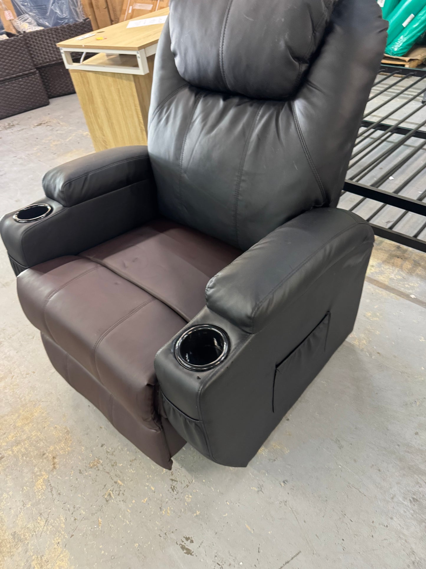 2 tone brown black chair with cup holders . Massager