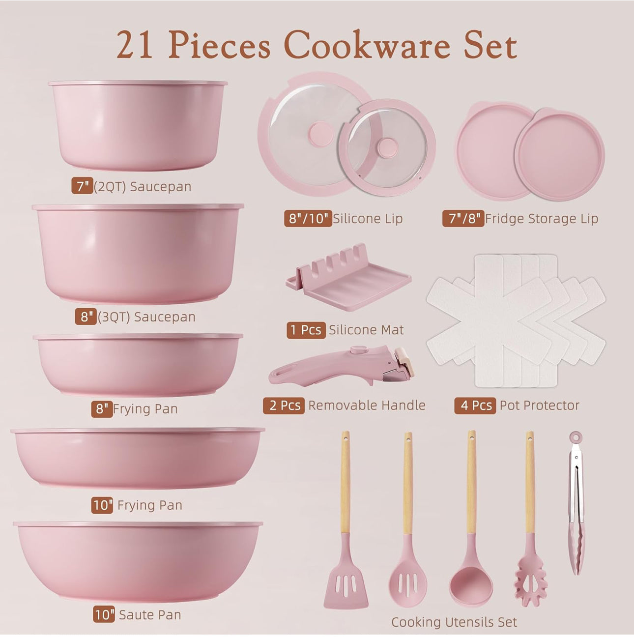 21 pc cookware set pink and white free shipping in the US