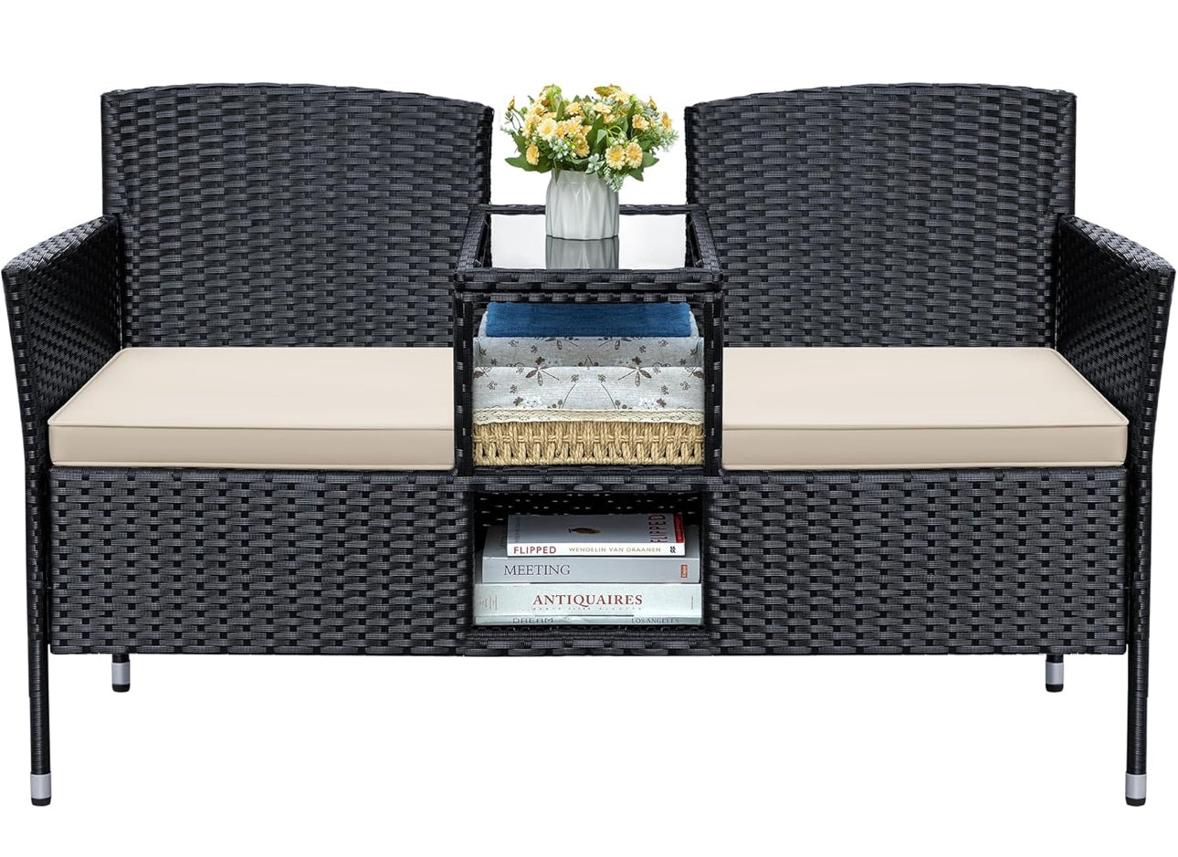 Outdoor wicker loveseat with middle table black and beige cushion. Free shipping in the US