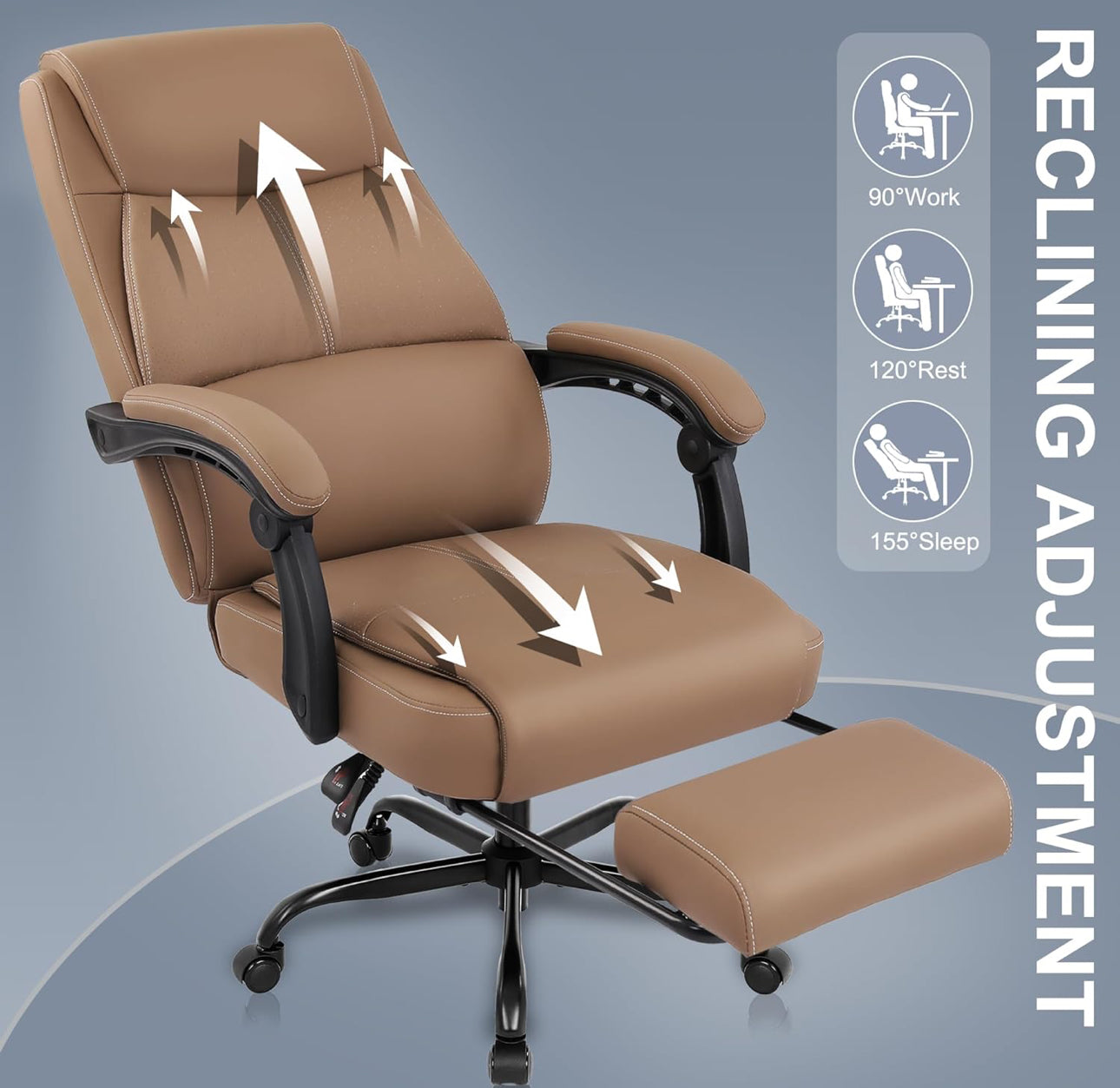 Executive brown desk chair, new inbox, ready to ship with leg extension. Free shipping in the US
