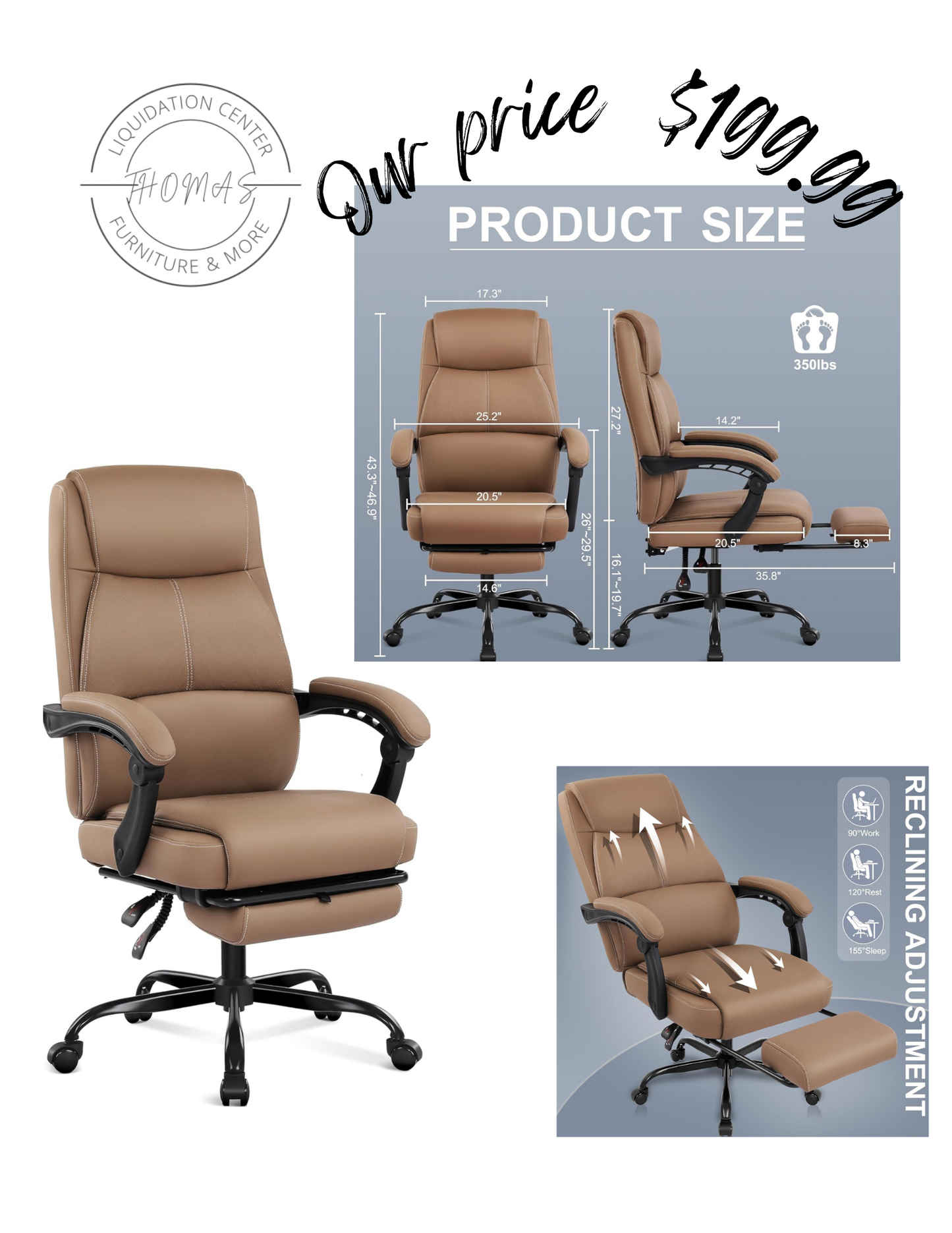 Executive brown desk chair, new inbox, ready to ship with leg extension. Free shipping in the US