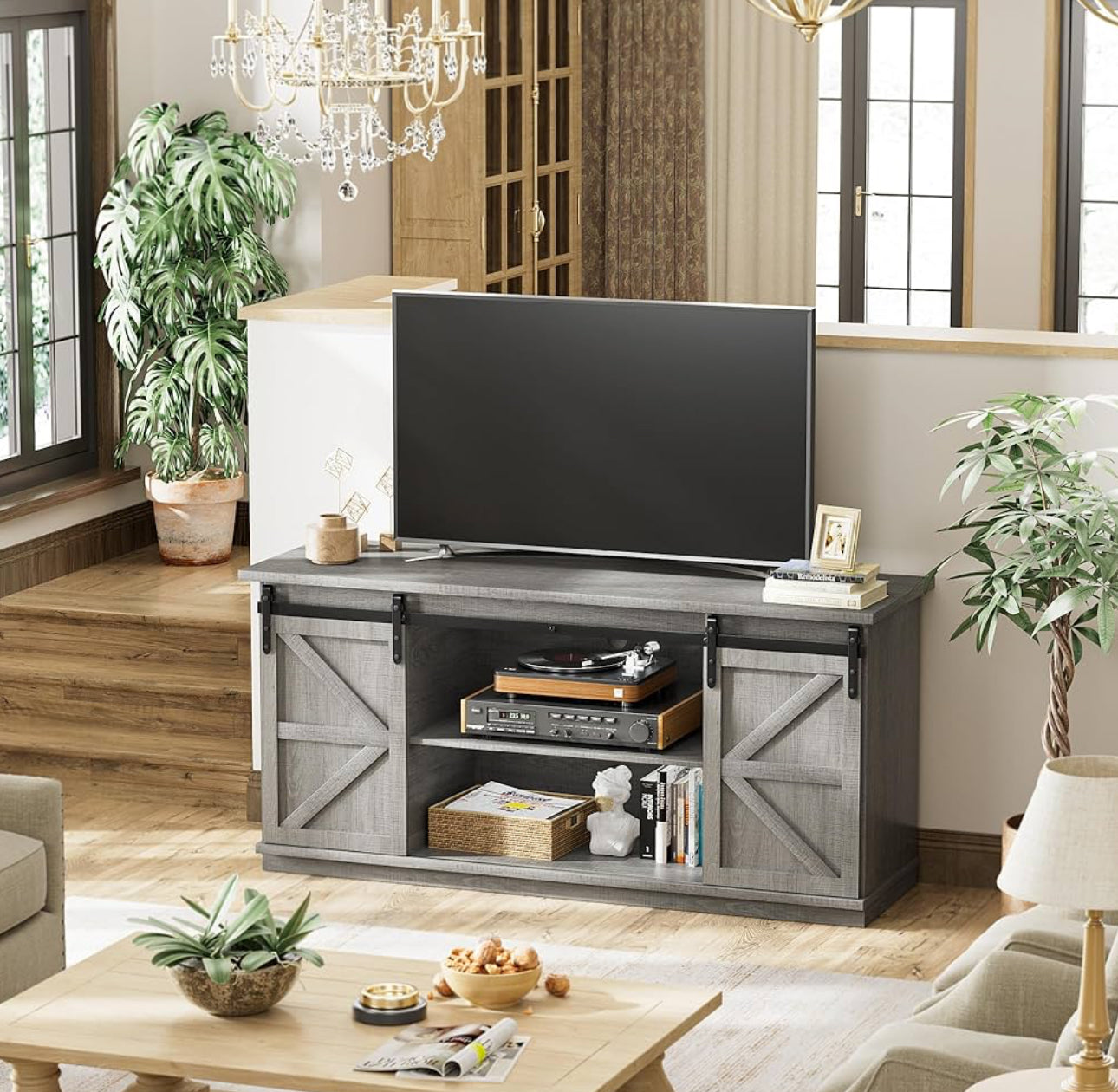 Tv stand with barn doors grey and black . Free shipping in the US