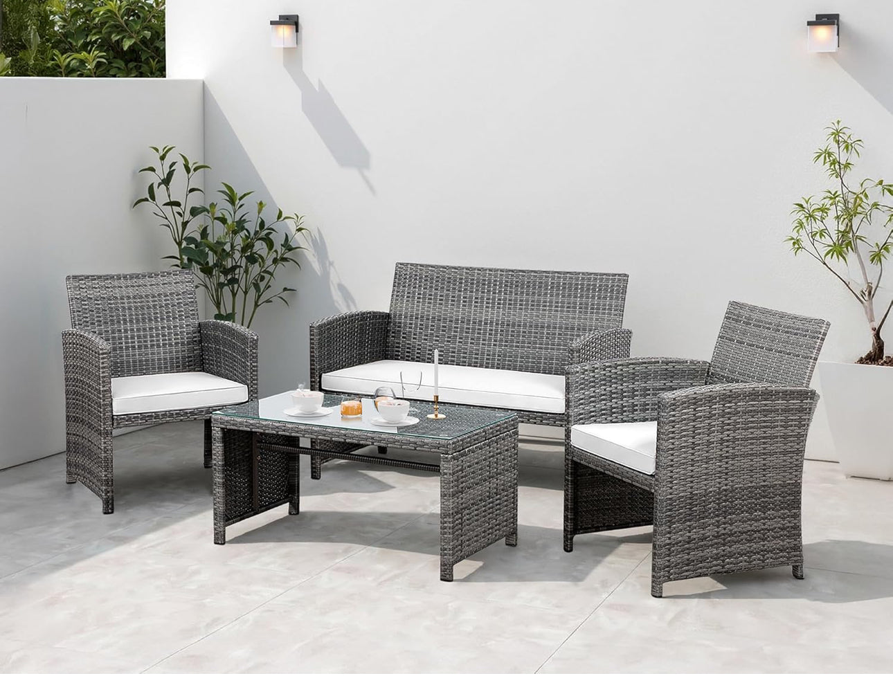 Grey patio 4 pc set bench 2 chairs and table Free shipping in the US