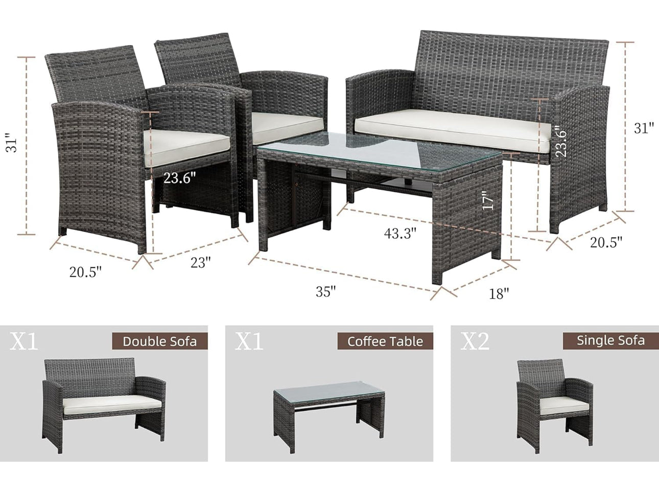 Grey patio 4 pc set bench 2 chairs and table Free shipping in the US