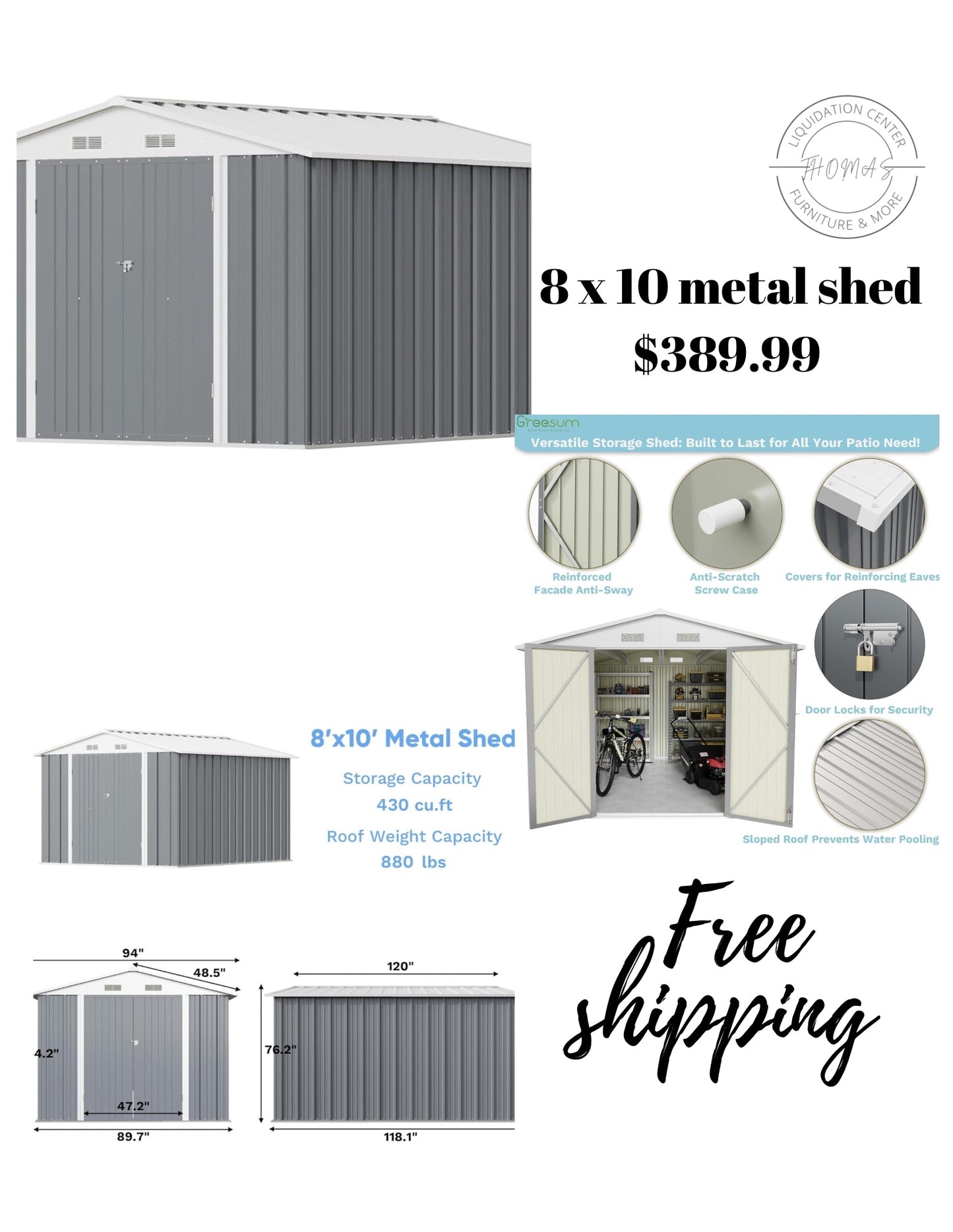 8x 10 metal shed free shipping in the US