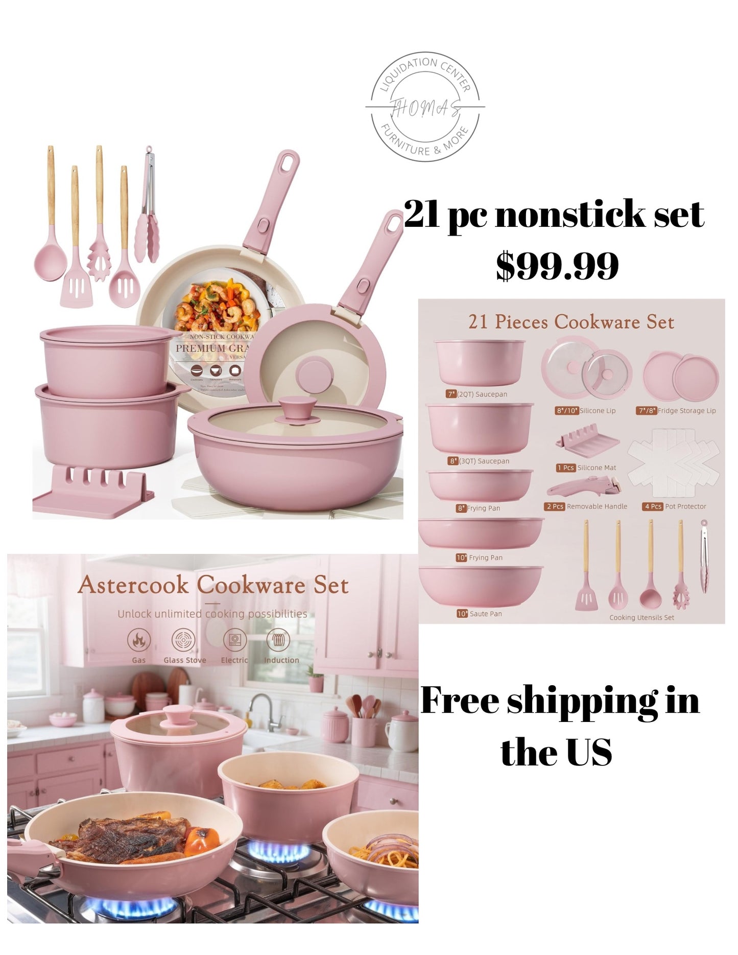 21 pc cookware set pink and white free shipping in the US