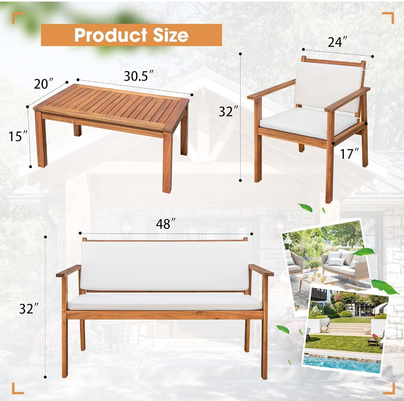 4 pc patio set new in box wood ready to ship. (Free shipping in the US)