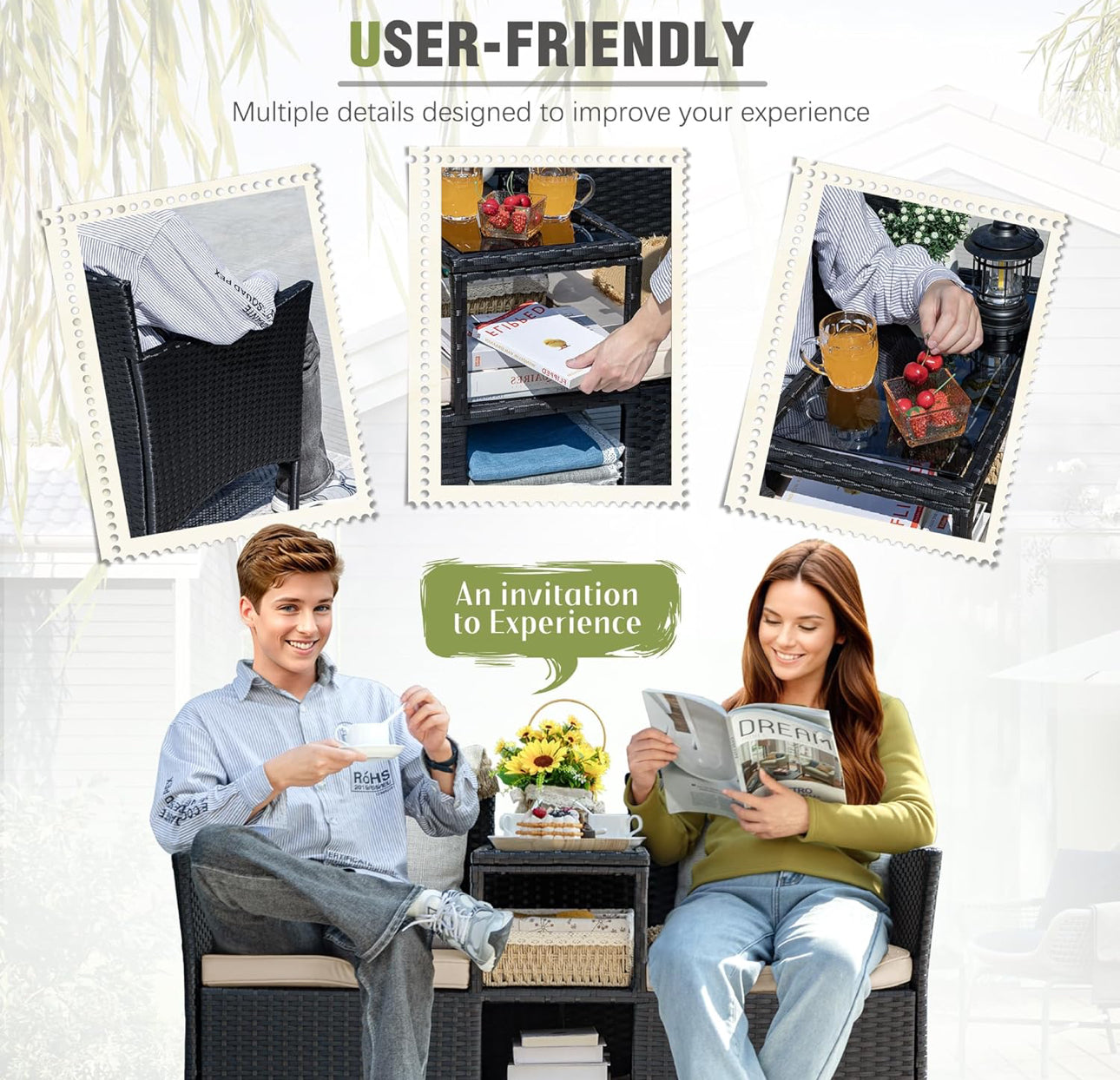 Outdoor wicker loveseat with middle table black and beige cushion. Free shipping in the US