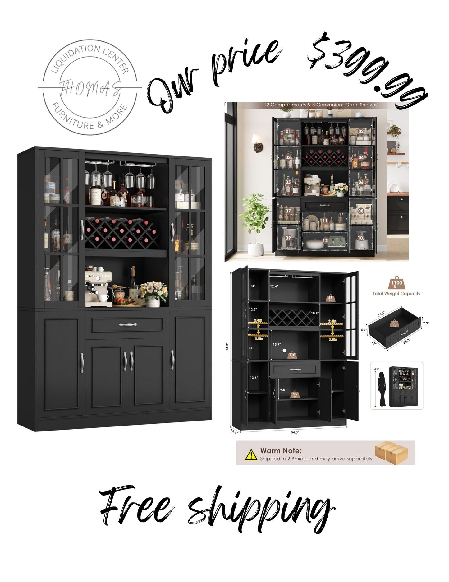 Black cabinet , pantry , coffee bar, wine bar. In box . Free shipping in the US