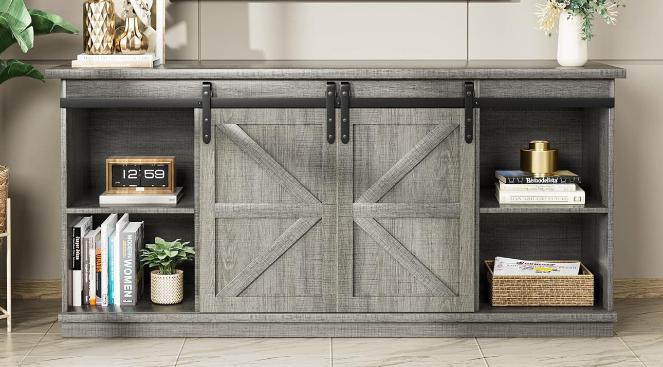 Tv stand with barn doors grey and black . Free shipping in the US