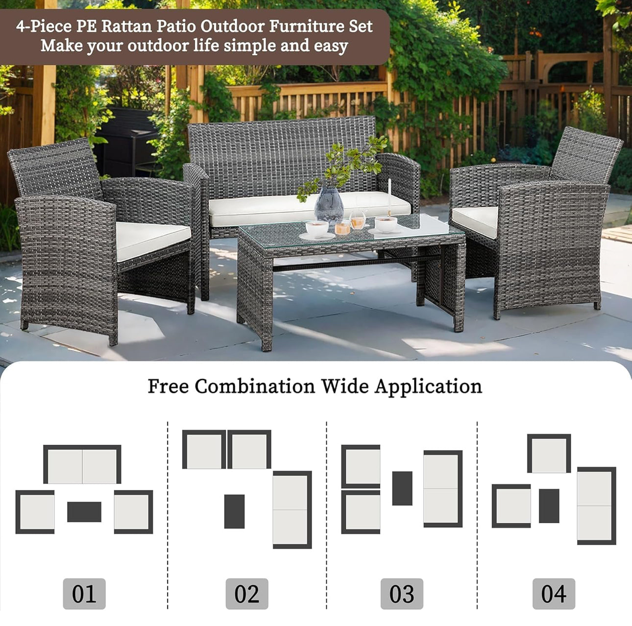 Grey patio 4 pc set bench 2 chairs and table Free shipping in the US