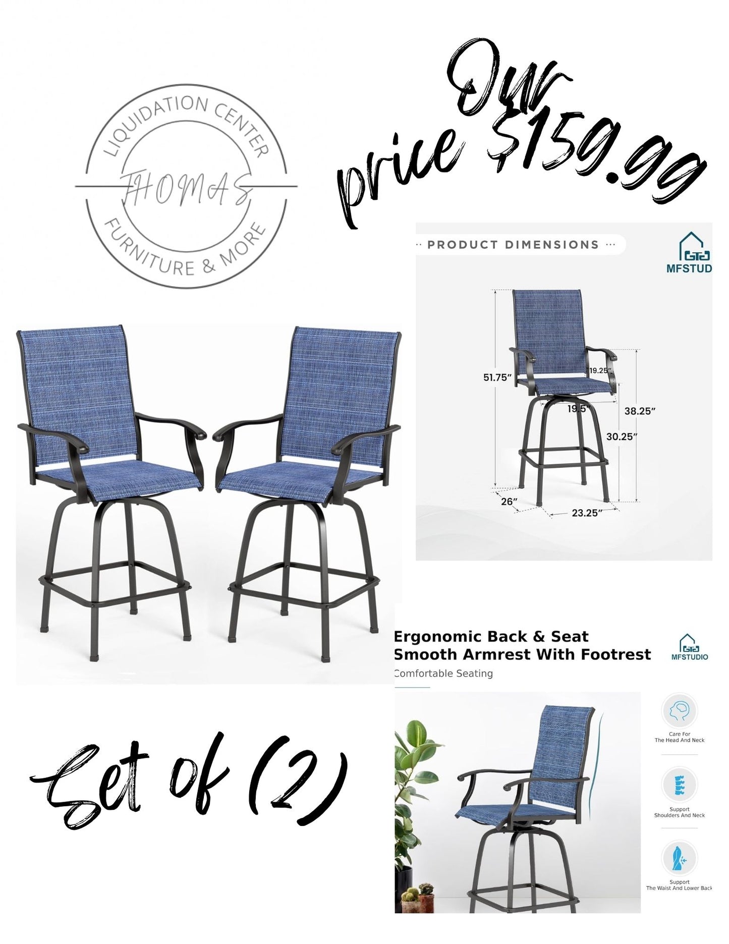 Set of 2 Outdoor bar height chairs blue mash . In box