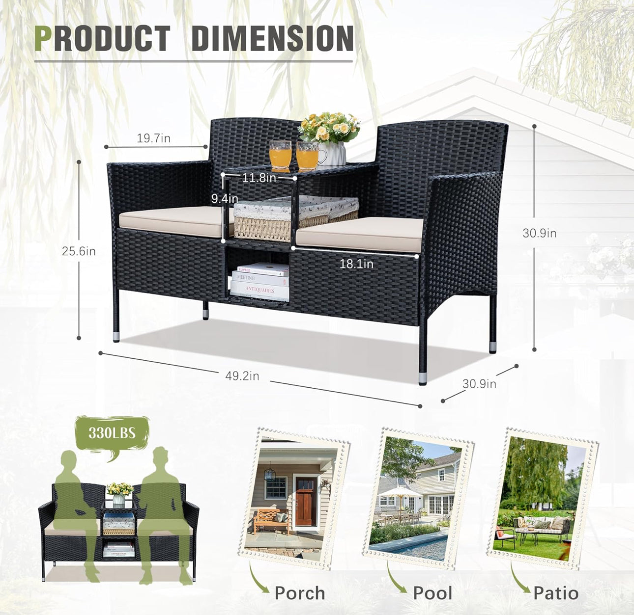 Outdoor wicker loveseat with middle table black and beige cushion. Free shipping in the US
