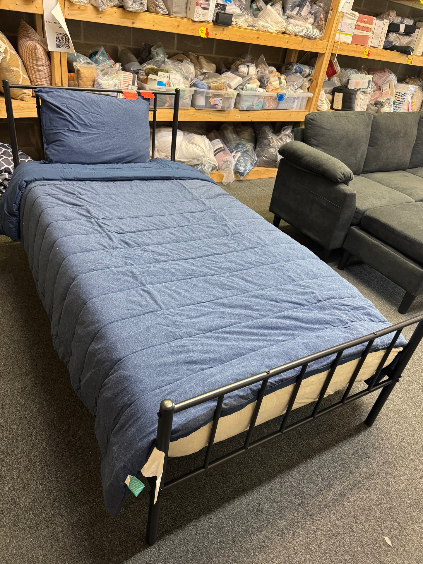 Twin bed frame with new mattress sheets blanket pillow set