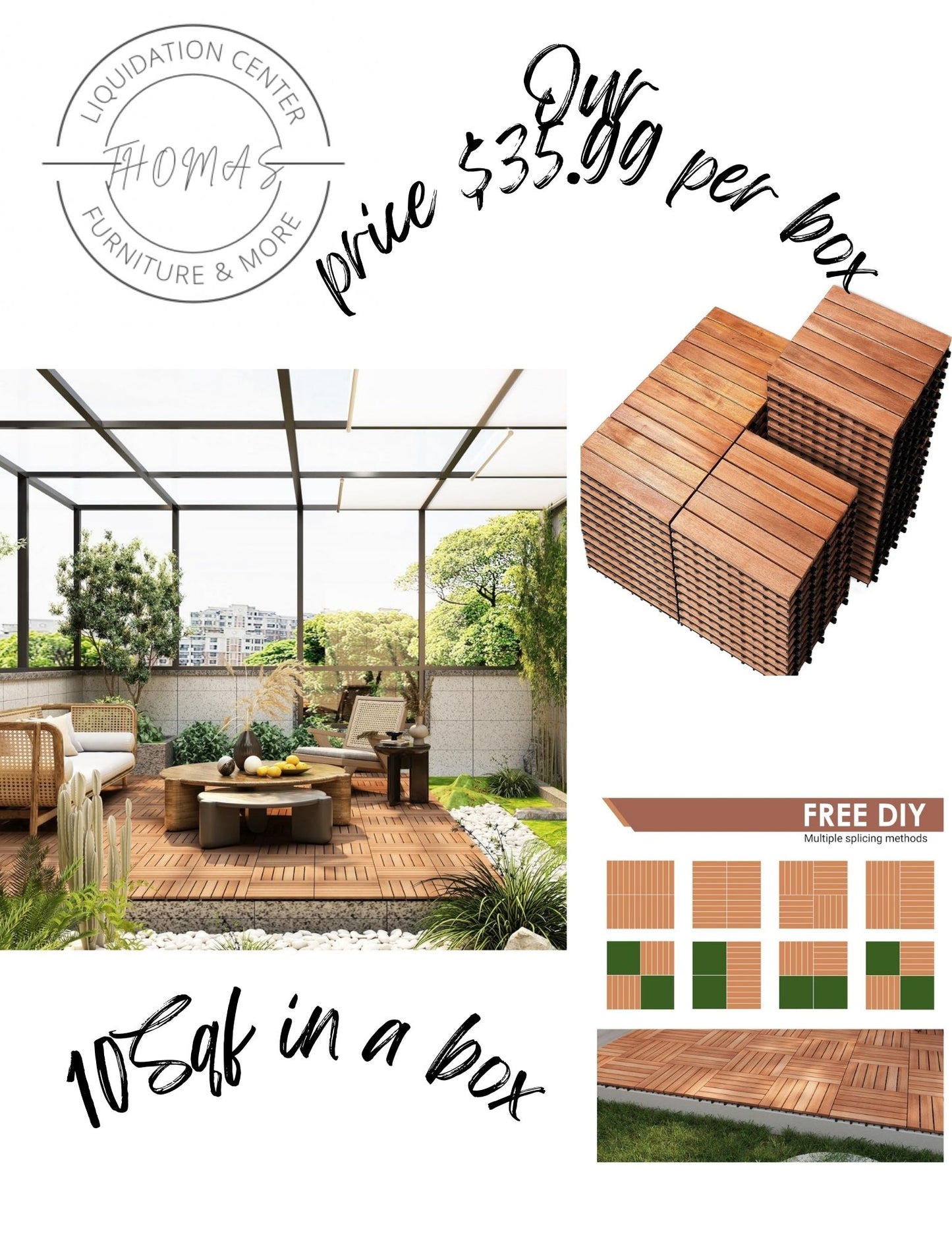 Wood tile new outdoor flooring snap and done. Easy connection 10 sq.f per box 28.99 per box