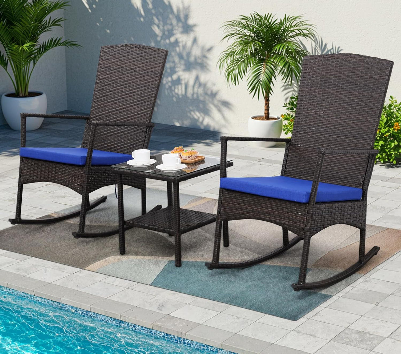 Patio rocking chairs wicker style with blue cushions new free shipping in the US