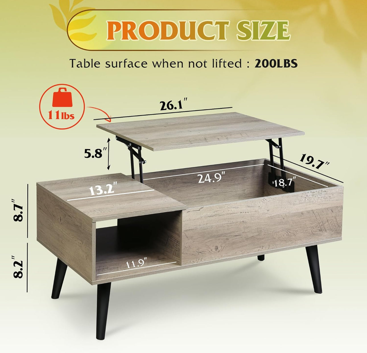 39 inch Coffee table grey wash with a lift and storage , free shipping in the US