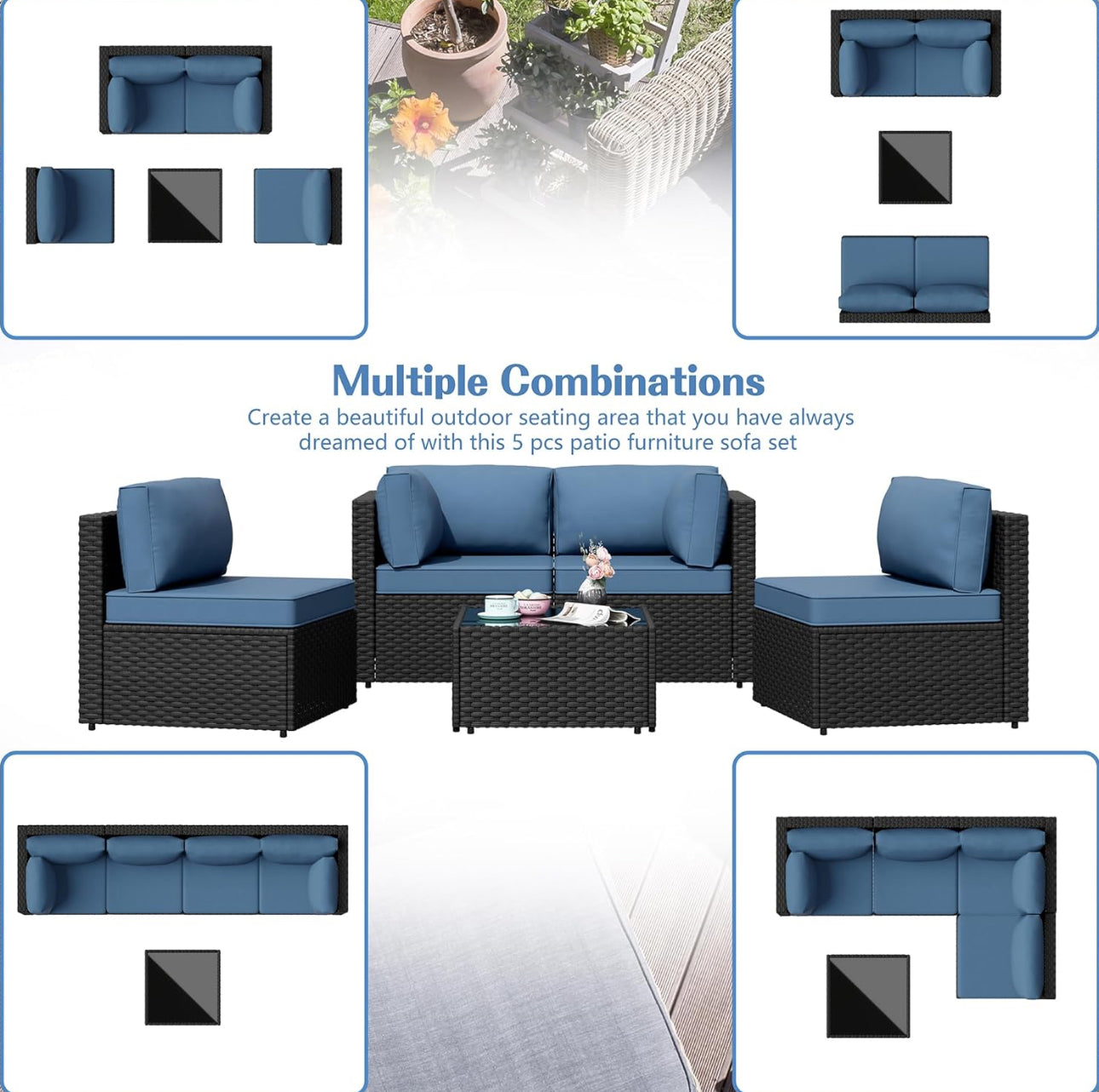 Patio set modular 6 pc with blue cushions free shipping in the US