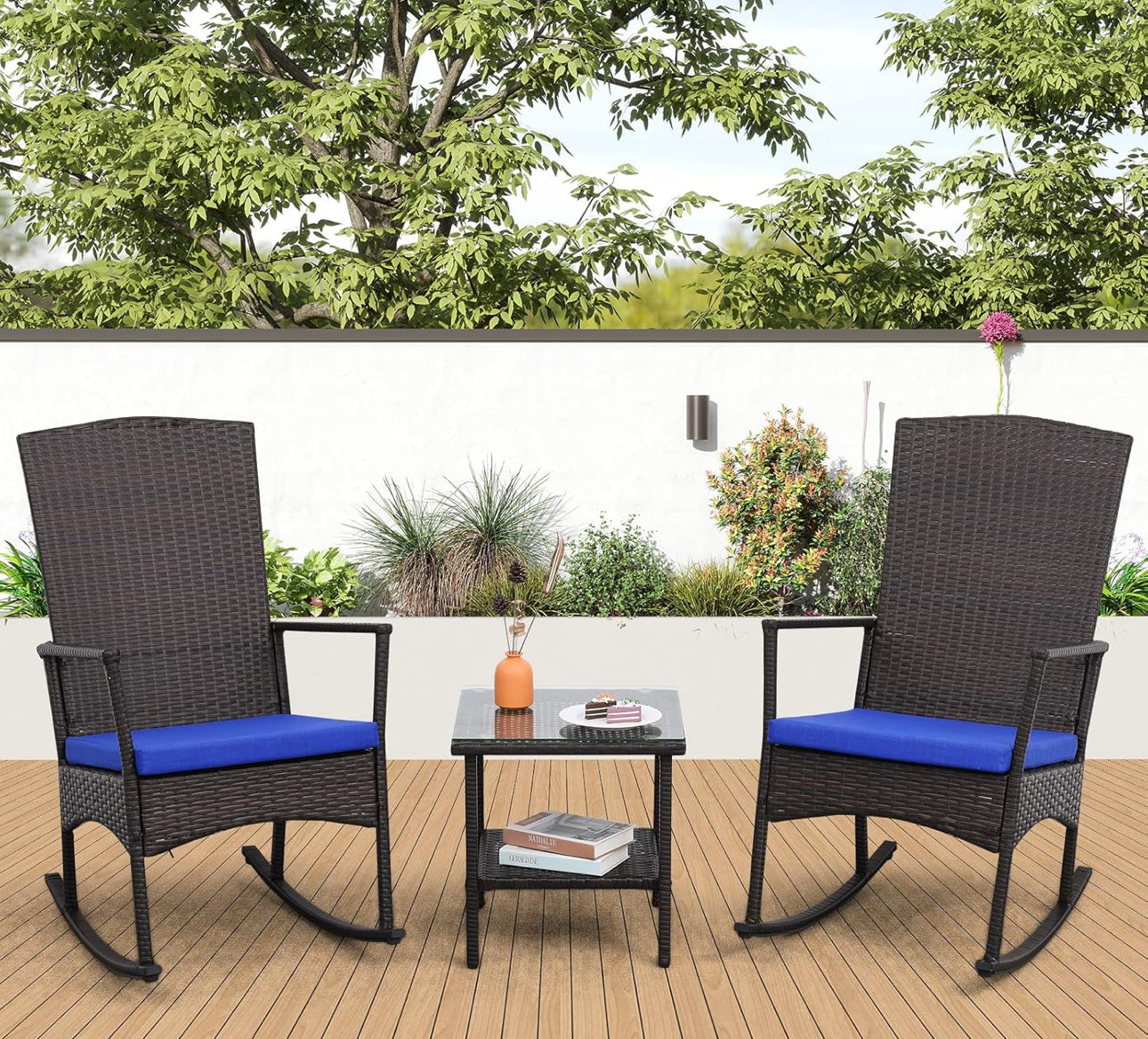 Patio rocking chairs wicker style with blue cushions new free shipping in the US