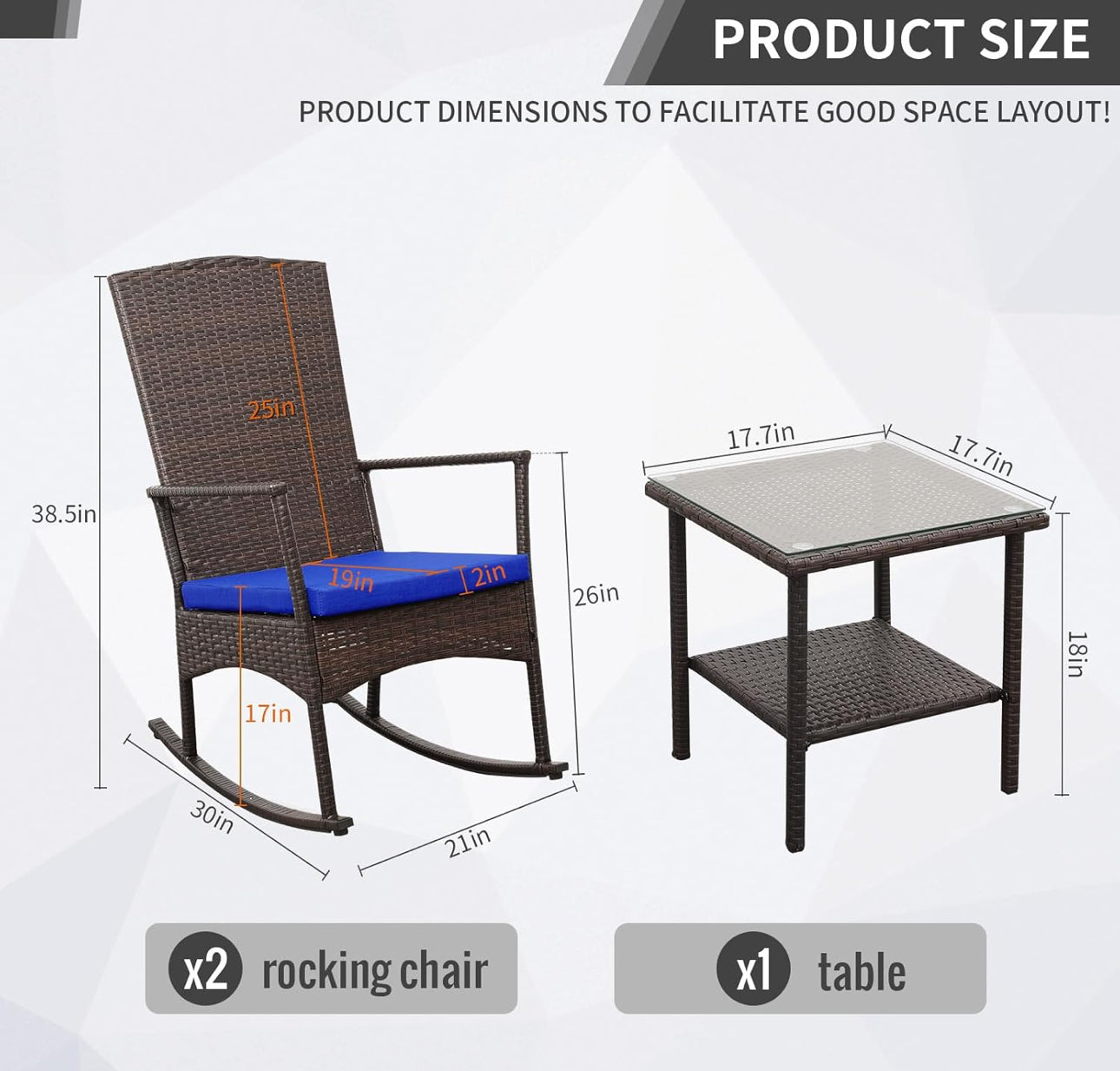 Patio rocking chairs wicker style with blue cushions new free shipping in the US