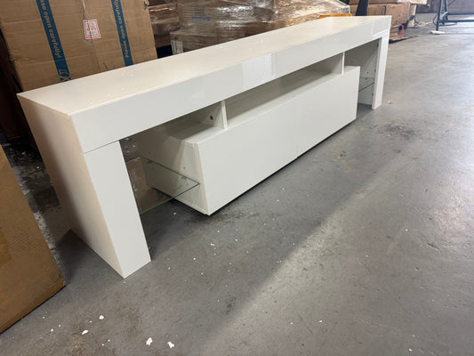 New white Tv stand with glass shelf’s draws and LED lights