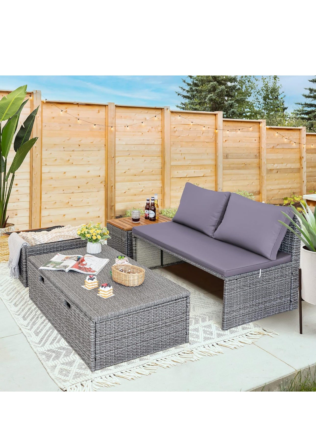 Outdoor patio loveseat with lounge and storage 2 side tables modular