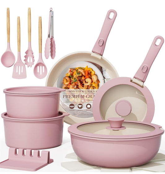 21 pc cookware set pink and white free shipping in the US