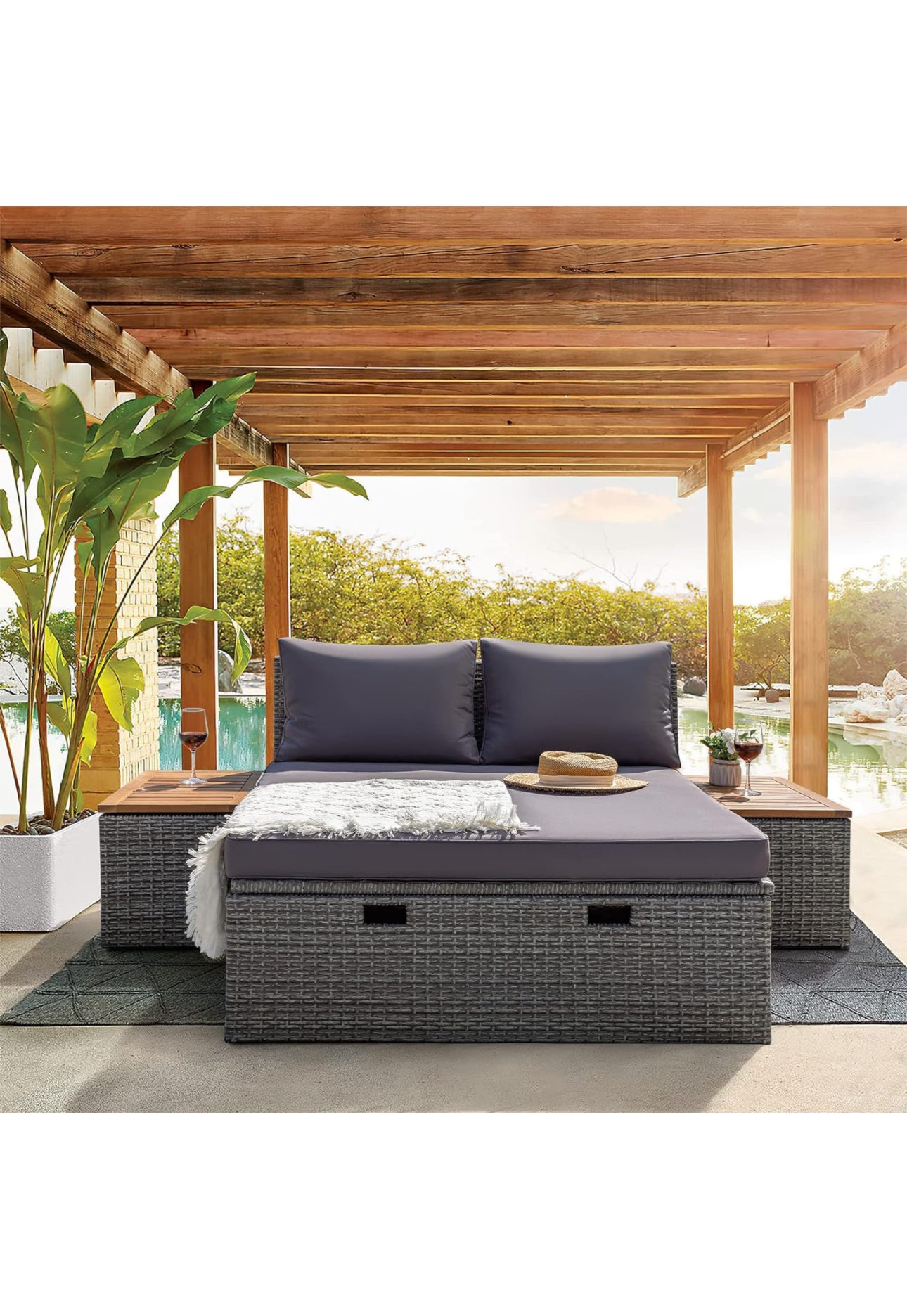 Outdoor patio loveseat with lounge and storage 2 side tables modular