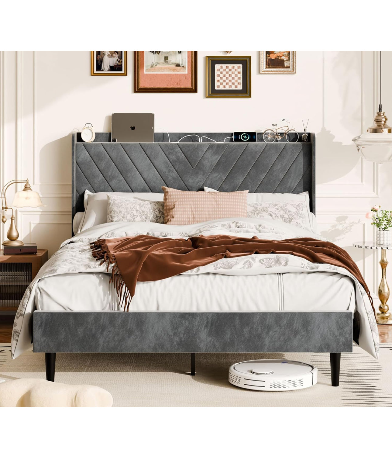 Full size bed frame , grey velvet. In box.