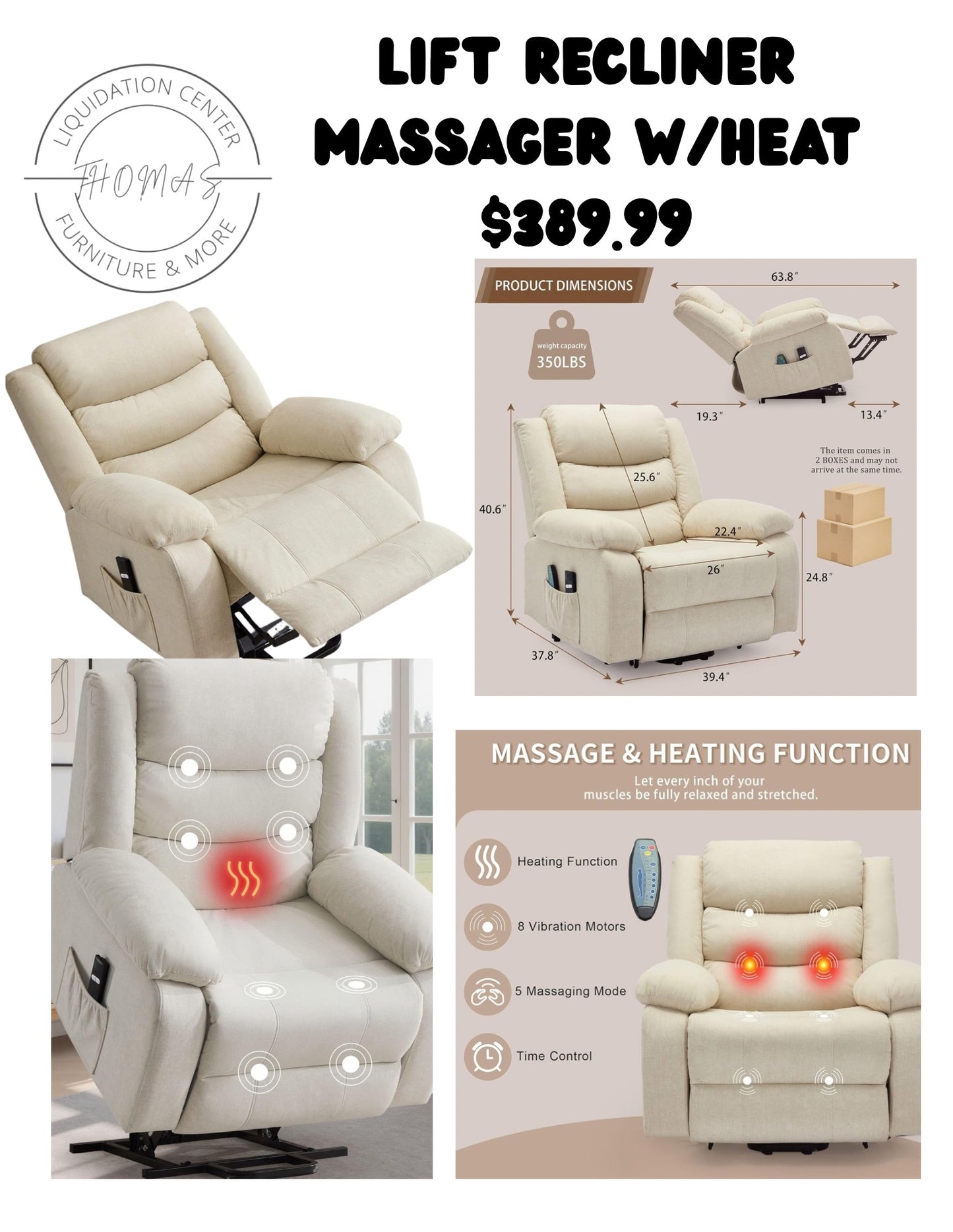 Lift recliner chair with massager & heat electric. Free shipping in the US