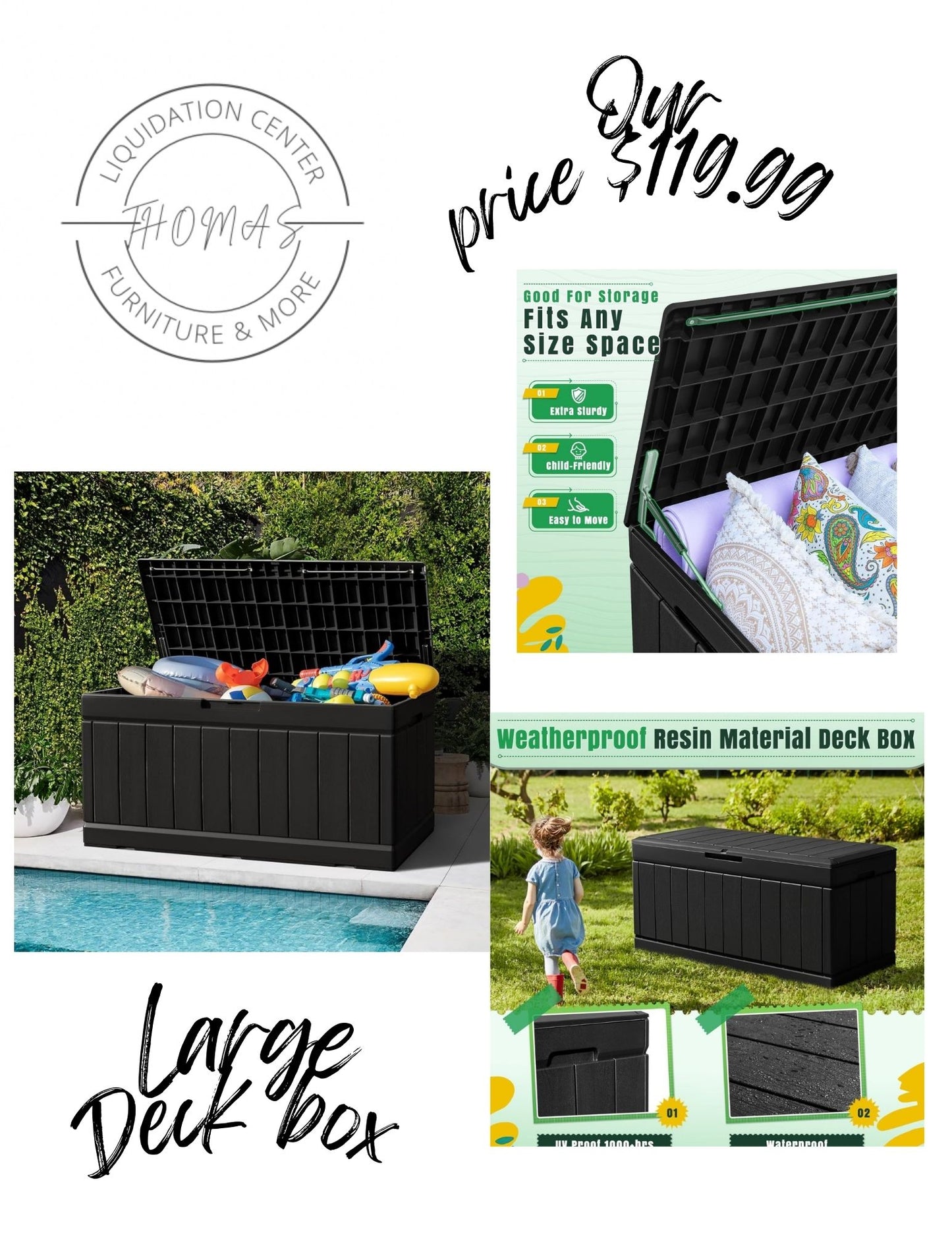 Large outdoor storage deck box , waterproof. In box