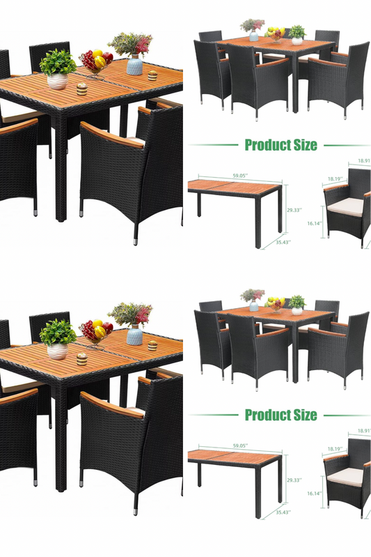 7 pc outdoor dining set in box new black wicker and brown wood.