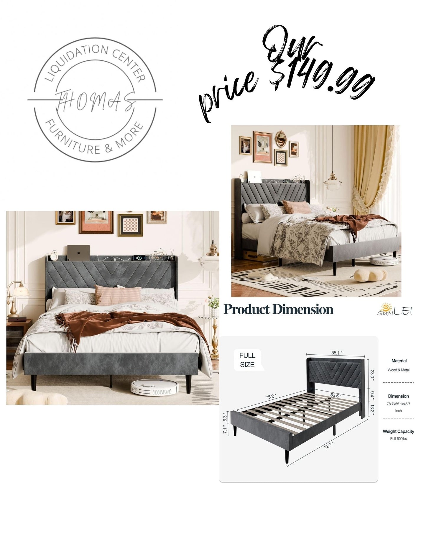 Full size bed frame , grey velvet. In box.