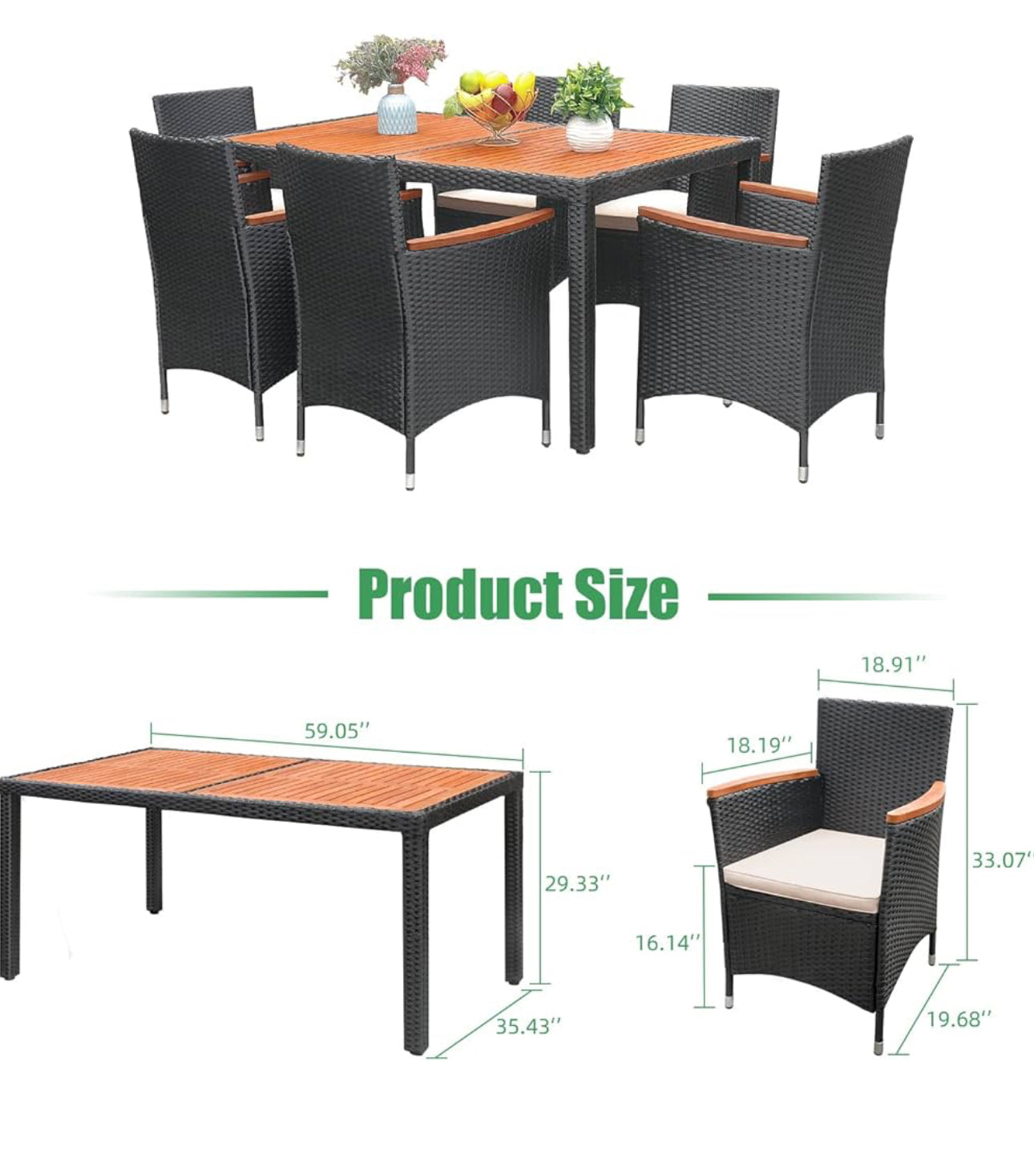 7 pc outdoor dining set in box new black wicker and brown wood.