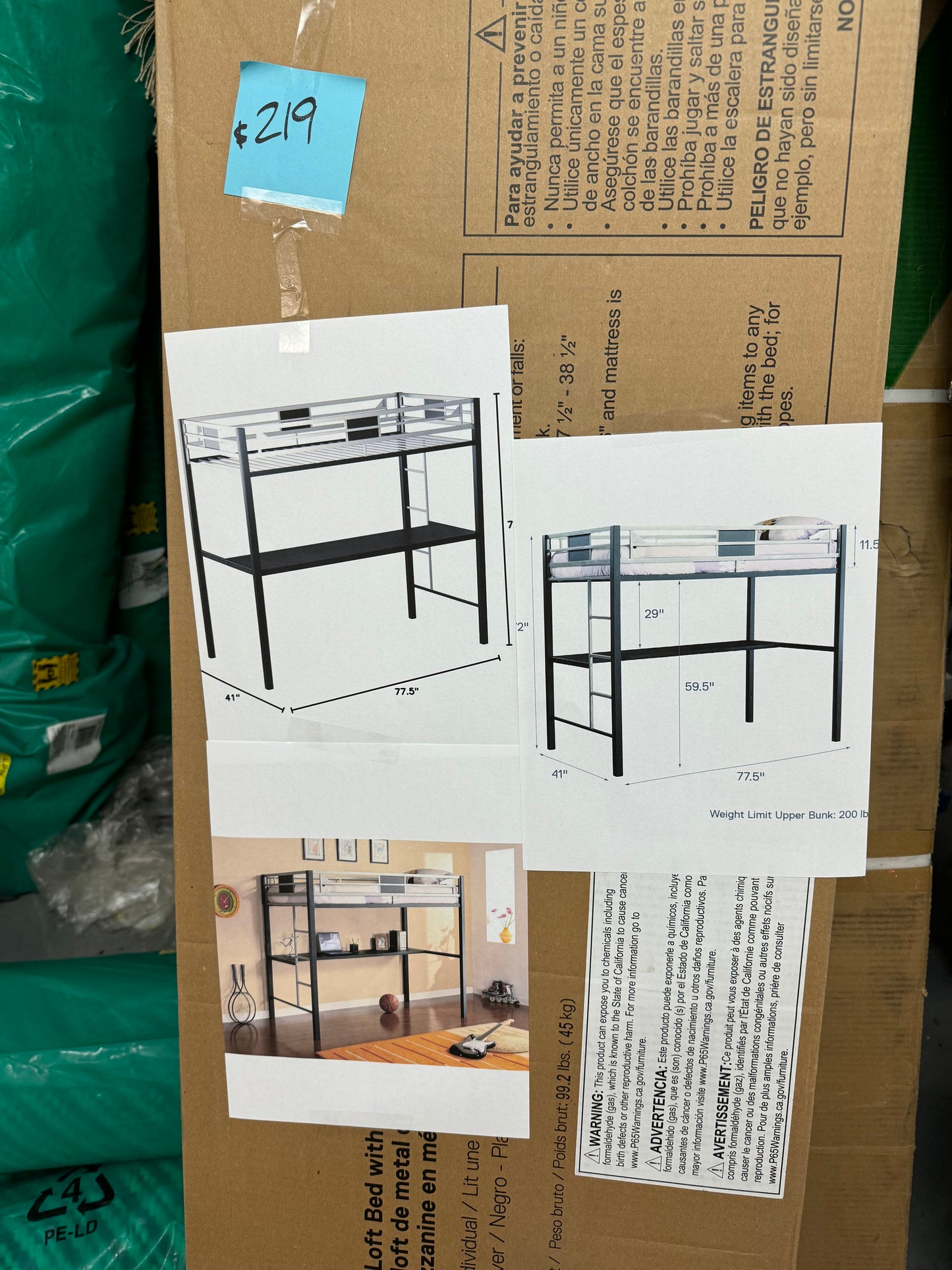 Twin loft bed with desk black and silver in box