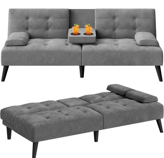 Small futon sofa grey velvet comes fully assembled
