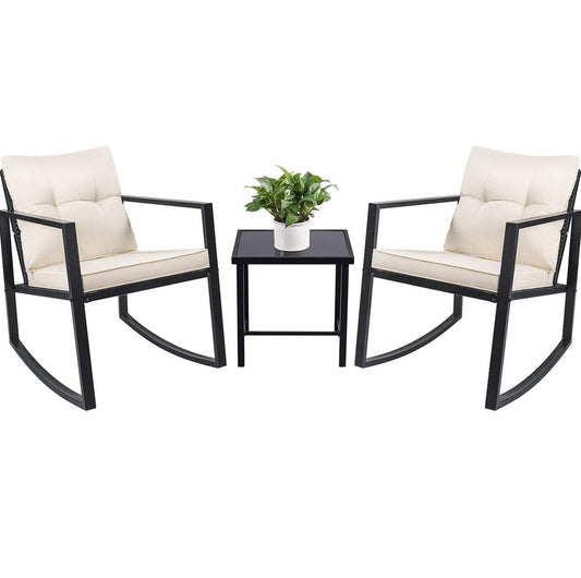 Patio rocking chairs and glass top table with cream cushions-Free shipping or local pickup