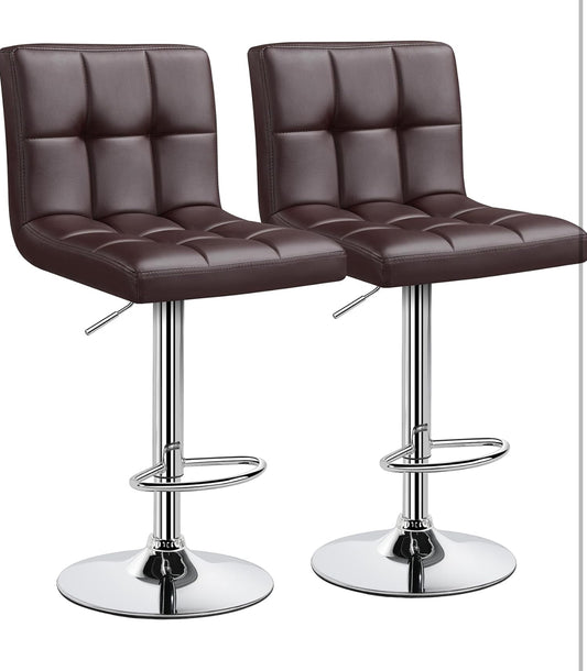 Bar stools set of 2 in box dark brown seat silver bottom. Adjustable height.