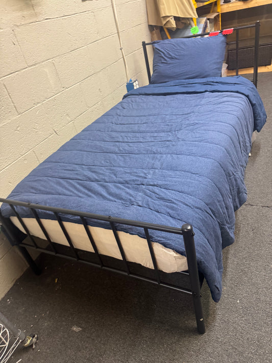 Twin bed frame with new mattress sheets blanket pillow set
