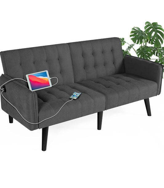 Futon sofa with charging station dark grey