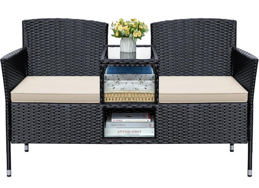Outdoor wicker loveseat with middle table black and beige cushion. Free shipping in the US